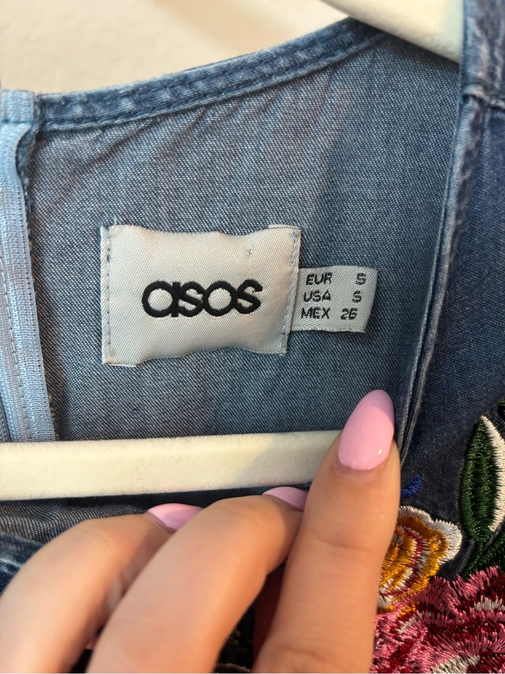 ASOS Blue Denim Floral Embroidered Quarter-sleeve Mini Dress Size Small - Picture 9 of 9